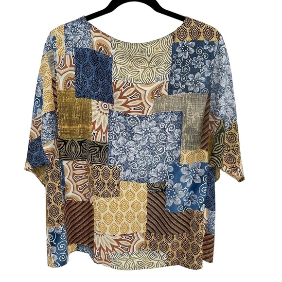 Chico’s Patchwork-Print Drape-Sleeve Blouse - Chico's Sz 2 = Sz 12/14 - Picture 2 of 15